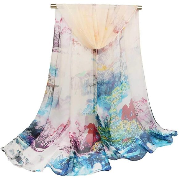 Scarfs Lightweight Print Floral Oil Painting&light Blue - Picture 2 of 3